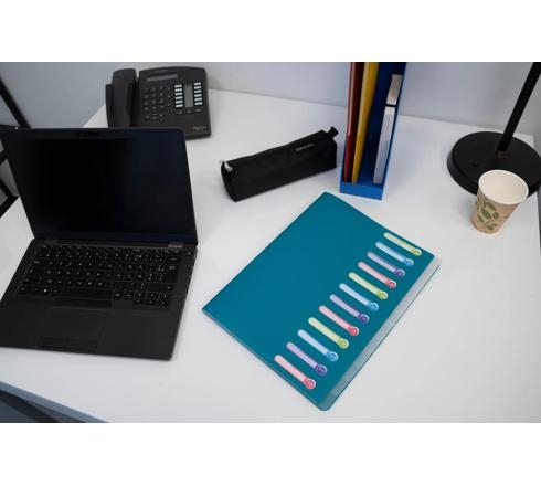 Trieur muni de 3 rabats en 3e de couverture, permettant le rangement de documents.
Fermeture par elastiques pour un transport securis