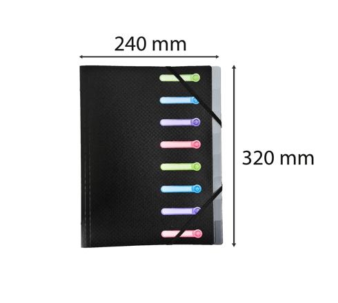 Trieur muni de 3 rabats en 3e de couverture, permettant le rangement de documents.
Fermeture par elastiques pour un transport securis