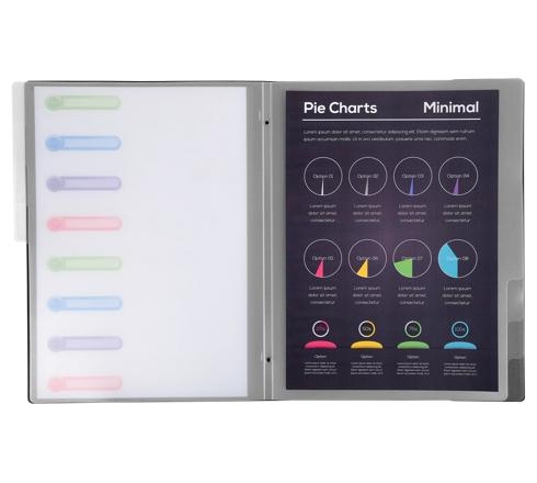 Trieur muni de 3 rabats en 3e de couverture, permettant le rangement de documents.
Fermeture par elastiques pour un transport securis