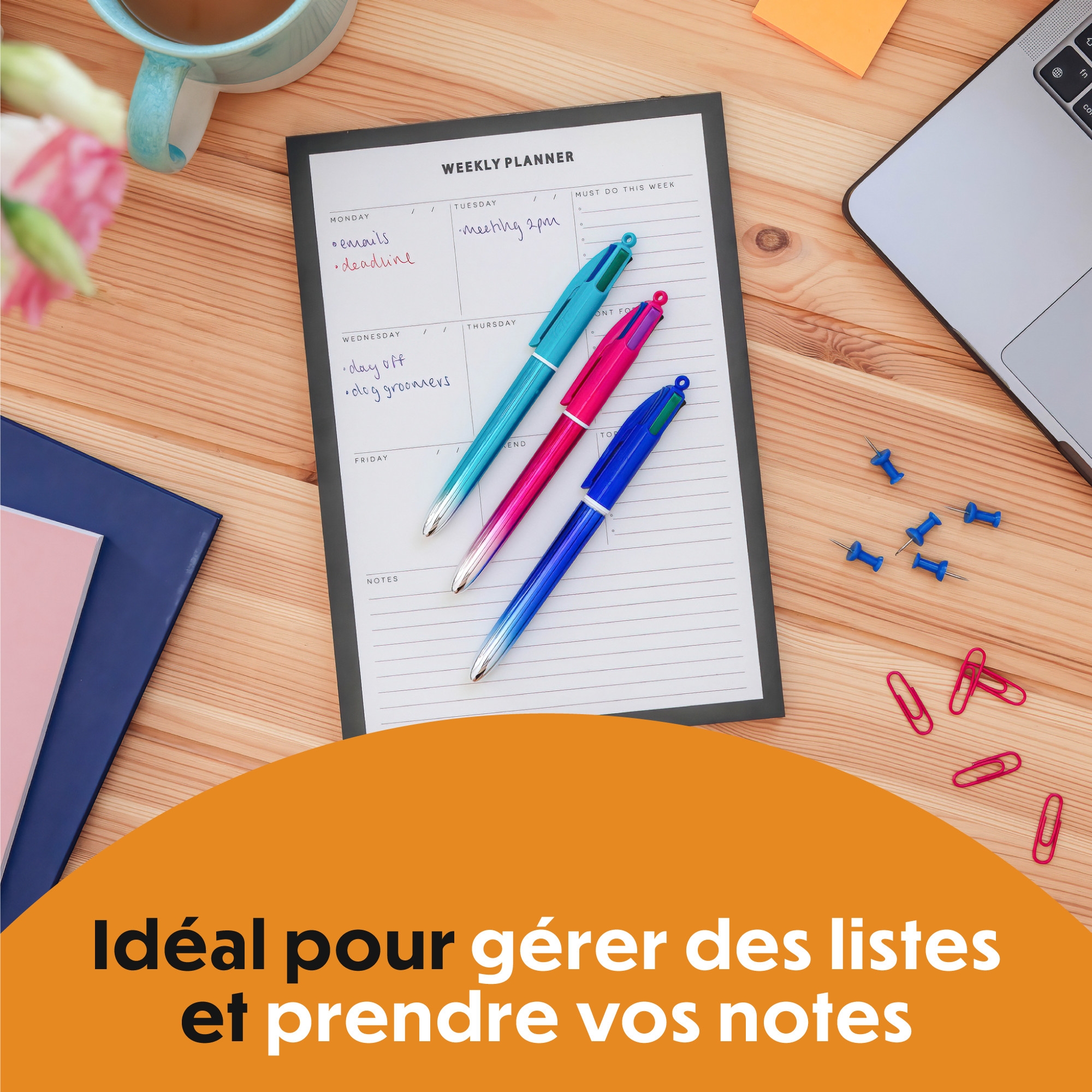 BIC 4 Couleurs Smooth Stylos-Billes Rétractables à Pointe Moyenne (1 mm) avec le corps bleu roi, bleu-vert et Rose dégradé - Couleurs d’Encre Assorties, Pack de 3