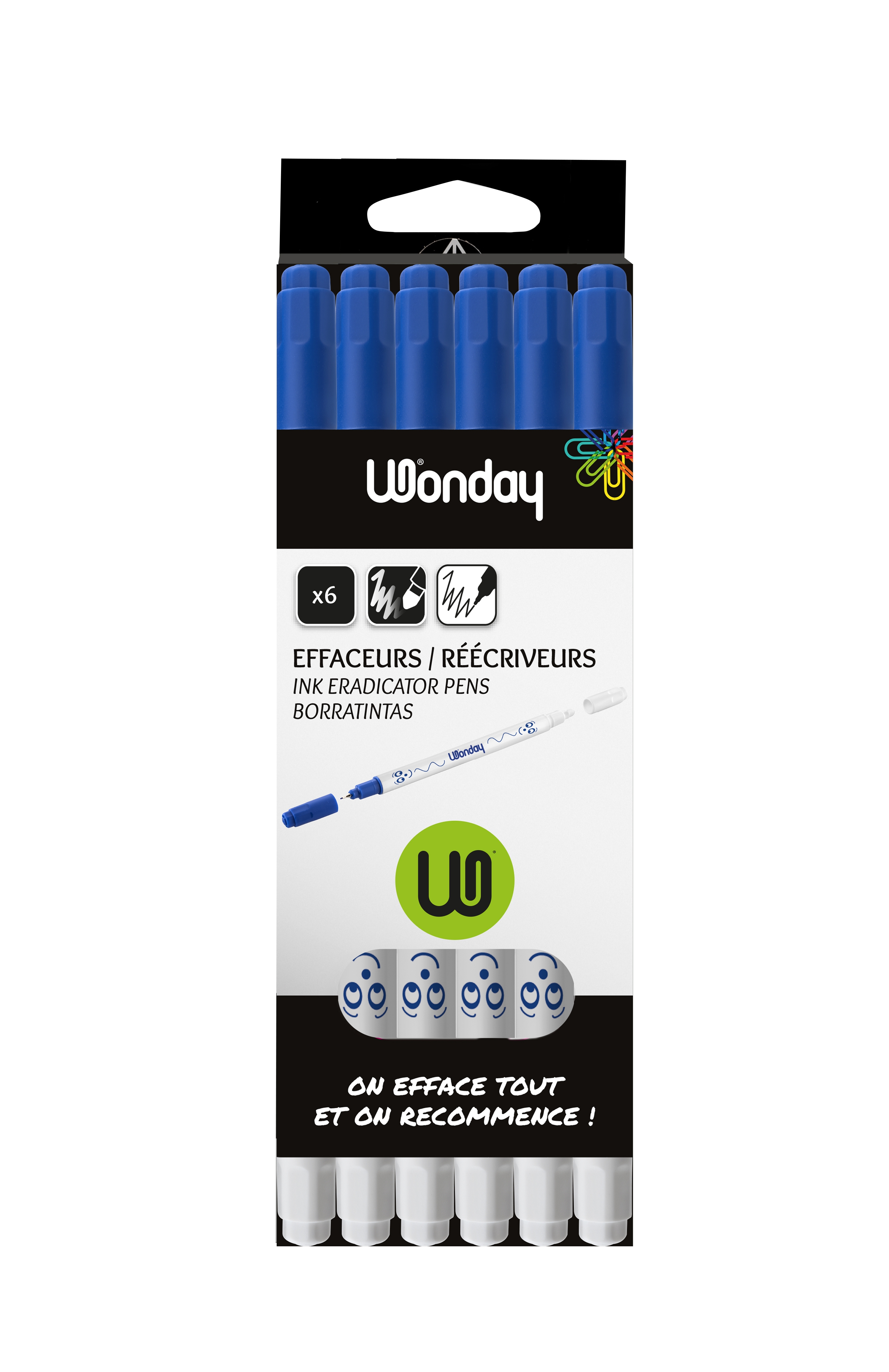 WONDAY Blister de 6 effaceurs réécriveurs, encre Bleue, pointe 1 mm