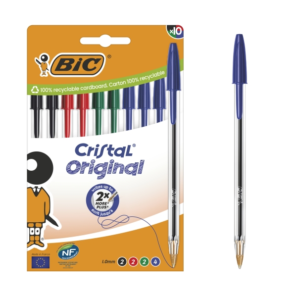 BIC Cristal Original Stylos-Bille Pointe Moyenne (1,00 mm) avec Capuchons et Embouts Assortis - Couleurs d’Encre Assorties, Lot de 10