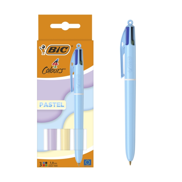 BIC 4 Couleurs Pastel - Stylos-Bille Pointe Moyenne (1,00 mm) - Couleurs Assorties, Pack de 3