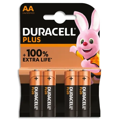 DURACELL Piles alcalines AA Plus 100%, 1,5V LR6 MN1500, lot de 4 piles